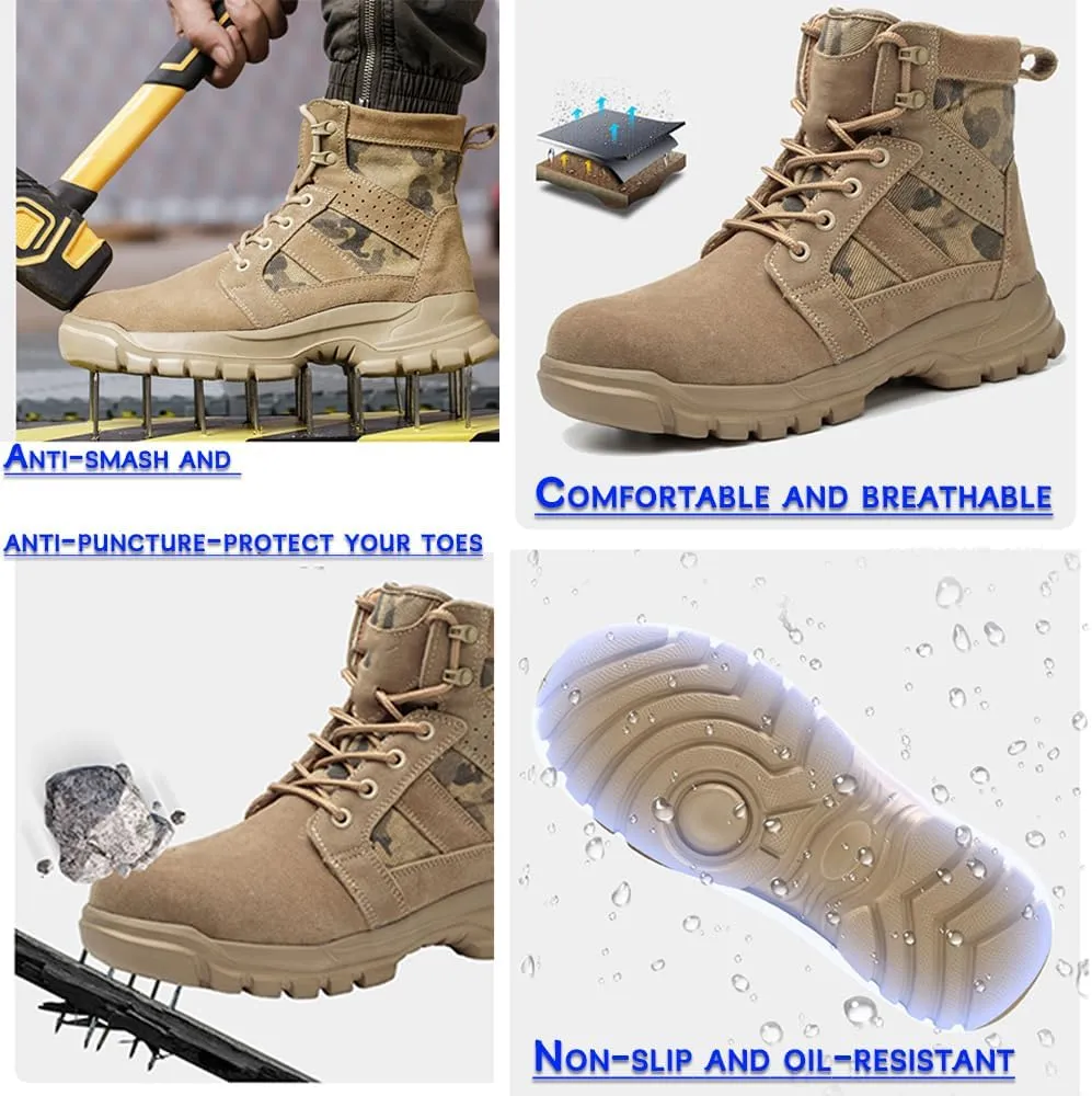 High-Top Safety Work Shoes for Men - Steel Toe, Puncture & Smash Resistant, Wear-Resistant, Anti-Skid, Air Cushioned Protection Sneakers for Outdoor & Heavy Duty Jobs