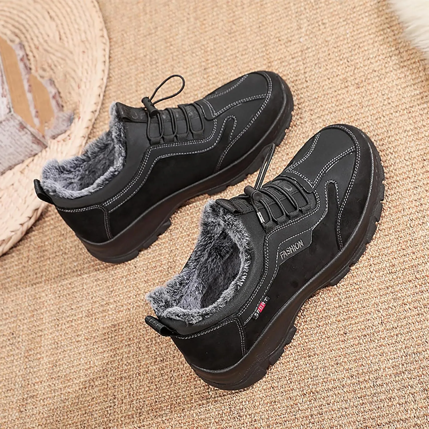 Men's Waterproof Fur Lined Warm Snow Hiking Boots,Comfortable Elastic Lace Up Anti Slip Hike Trekking Trails Work Shoe Backpacking Camping Walking Booties
