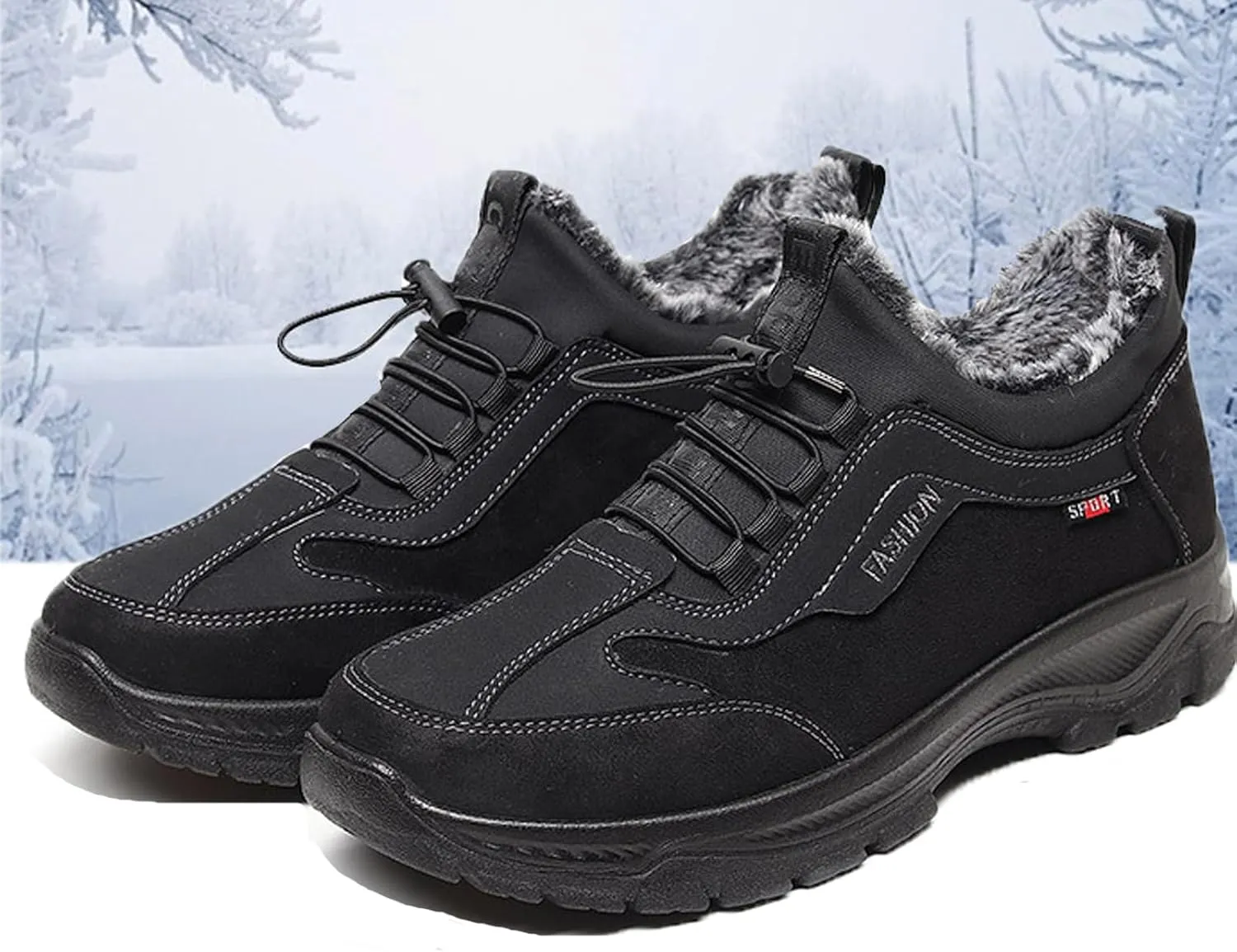 Men's Waterproof Fur Lined Warm Snow Hiking Boots,Comfortable Elastic Lace Up Anti Slip Hike Trekking Trails Work Shoe Backpacking Camping Walking Booties